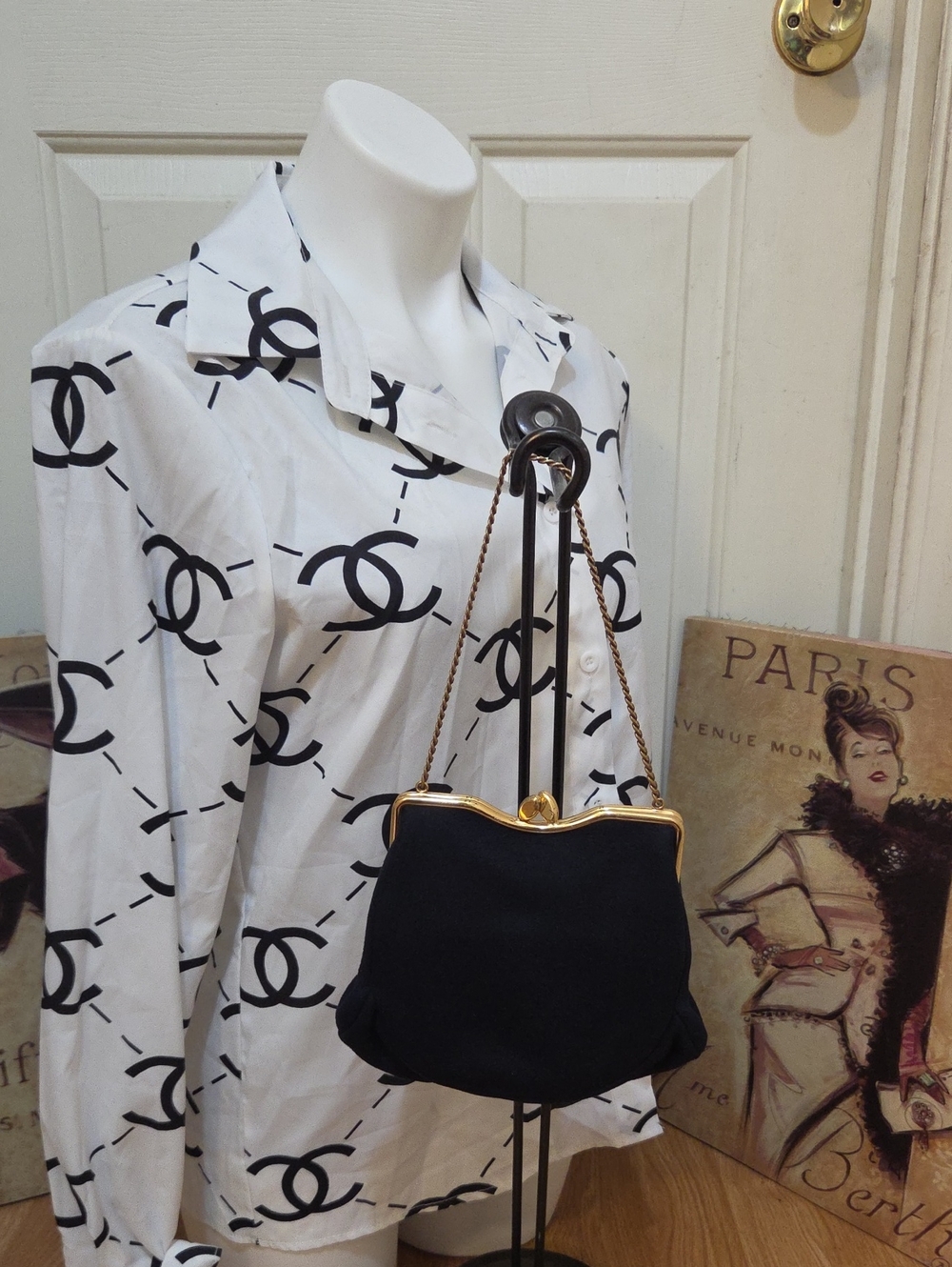Rosenfled Classic Black Chain-Handle Evening Bag with Gold Trim